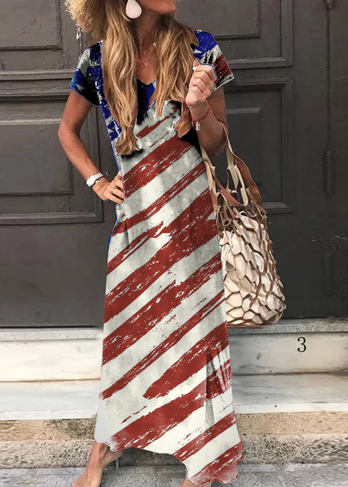 Colorblock O-neck National Flag Print Cotton Beach Dresses Short Sleeve