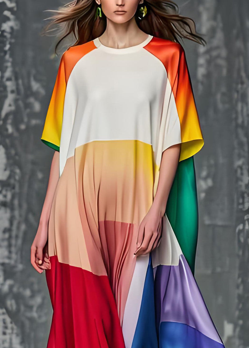 Colorblock O Neck Silk Dresses Summer