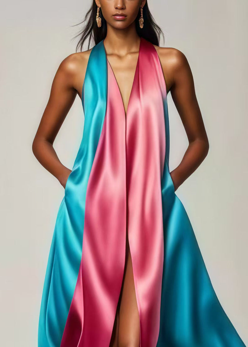Colorblock Patchwork Side Open Silk Vestidos Dress Summer