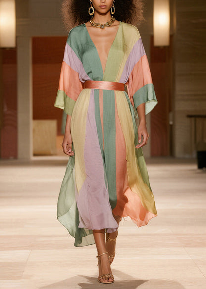 Colorblock Striped Draping Silk Cotton Tunic Dresses Summer