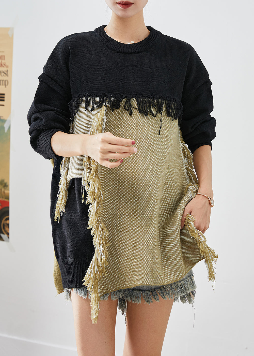 Colorblock Tasseled Patchwork Knitted Tops Fall