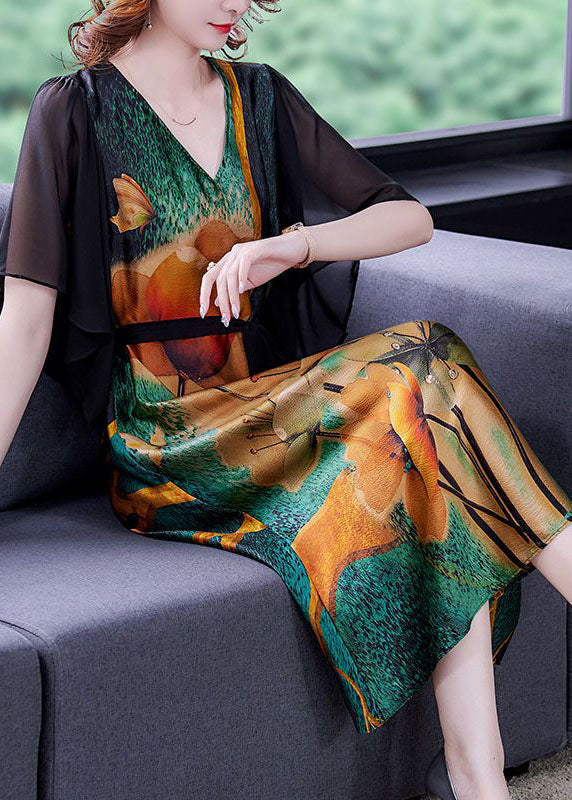 Colorblock V Neck Patchwork Print Silk Dresses Summer