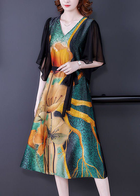 Colorblock V Neck Patchwork Print Silk Dresses Summer