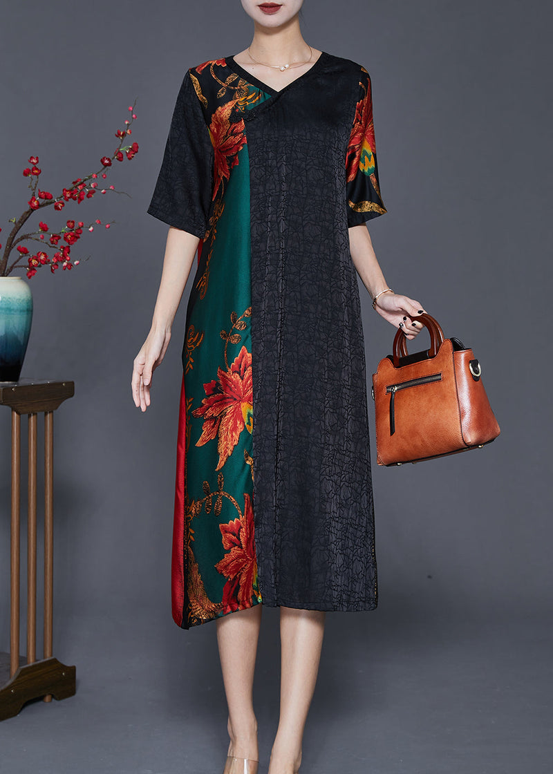 Colorblock V Neck Patchwork Silk Robe Dresses Summer