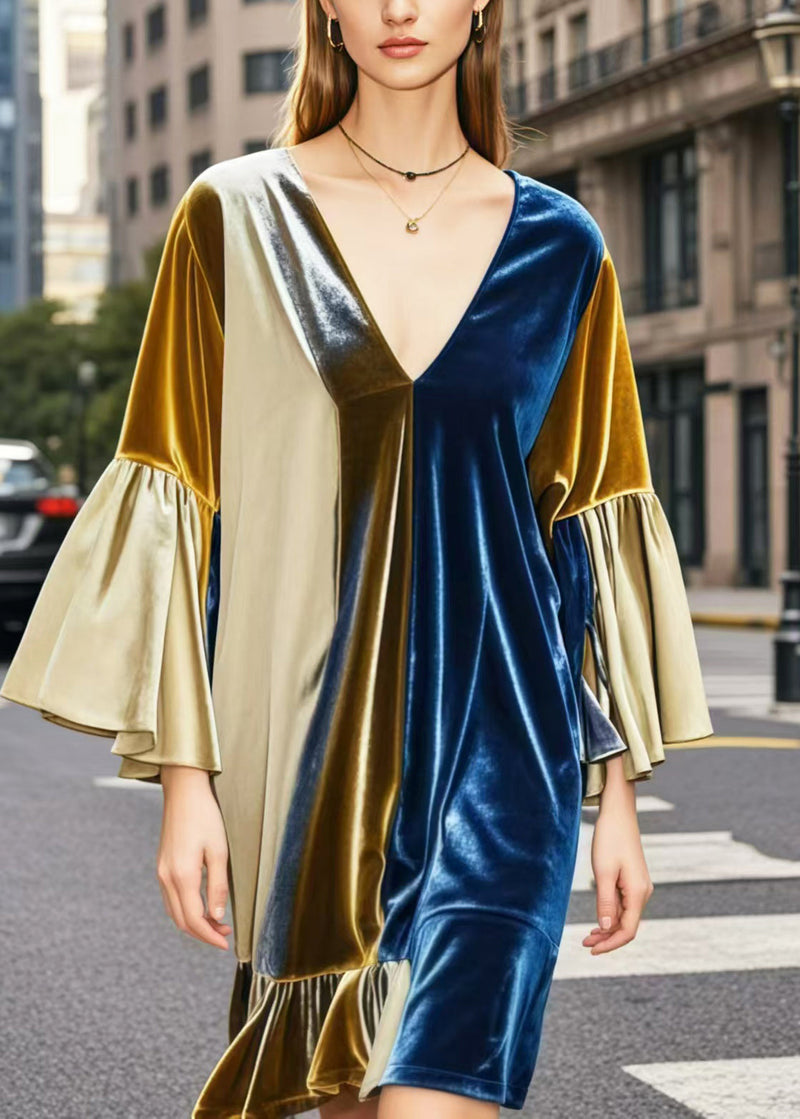 Colorblock V Neck Patchwork Silk Velvet Mid Dresses Spring