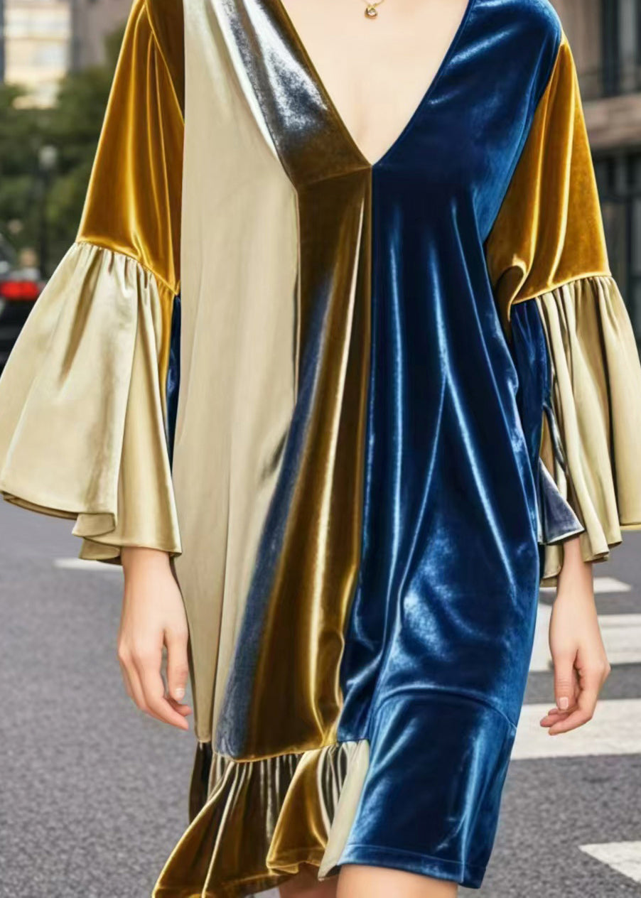 Colorblock V Neck Patchwork Silk Velvet Mid Dresses Spring