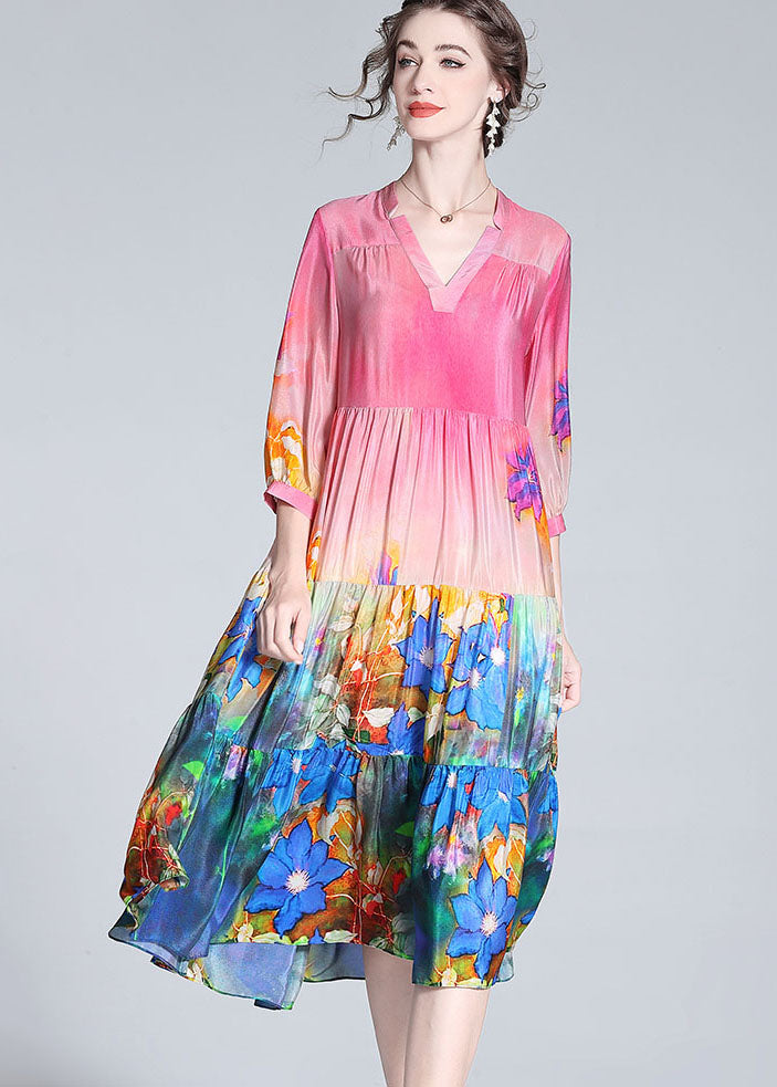 Colorblock V Neck Print Wrinkled Silk Dresses Bracelet Sleeve