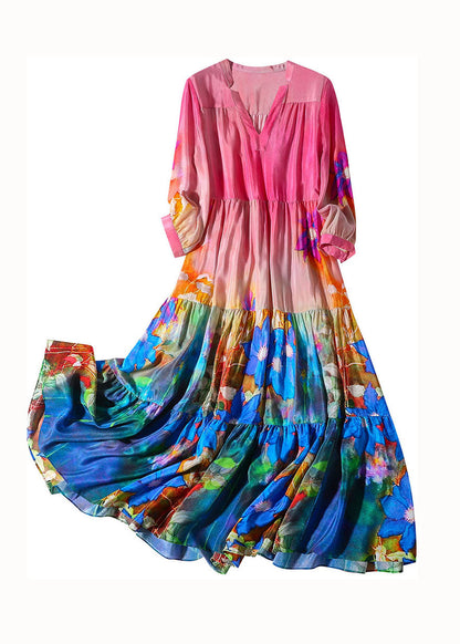 Colorblock V Neck Print Wrinkled Silk Dresses Bracelet Sleeve