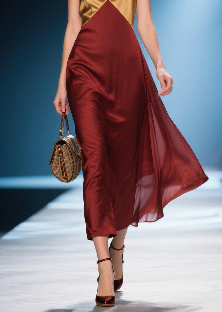 Colorblock V Neck Silk Long Dress Summer