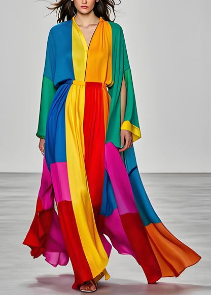 Colorblock V Neck Silk Dress Long Sleeve