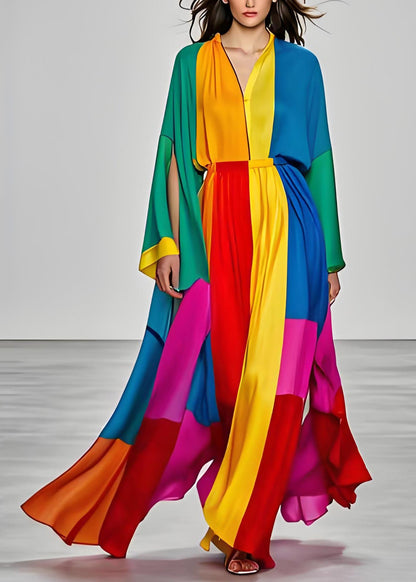 Colorblock V Neck Silk Dress Long Sleeve