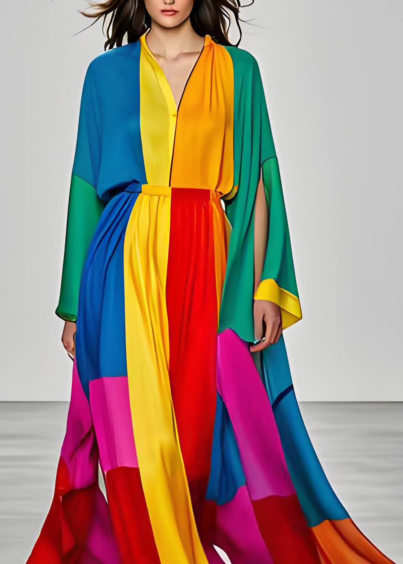Colorblock V Neck Silk Dress Long Sleeve