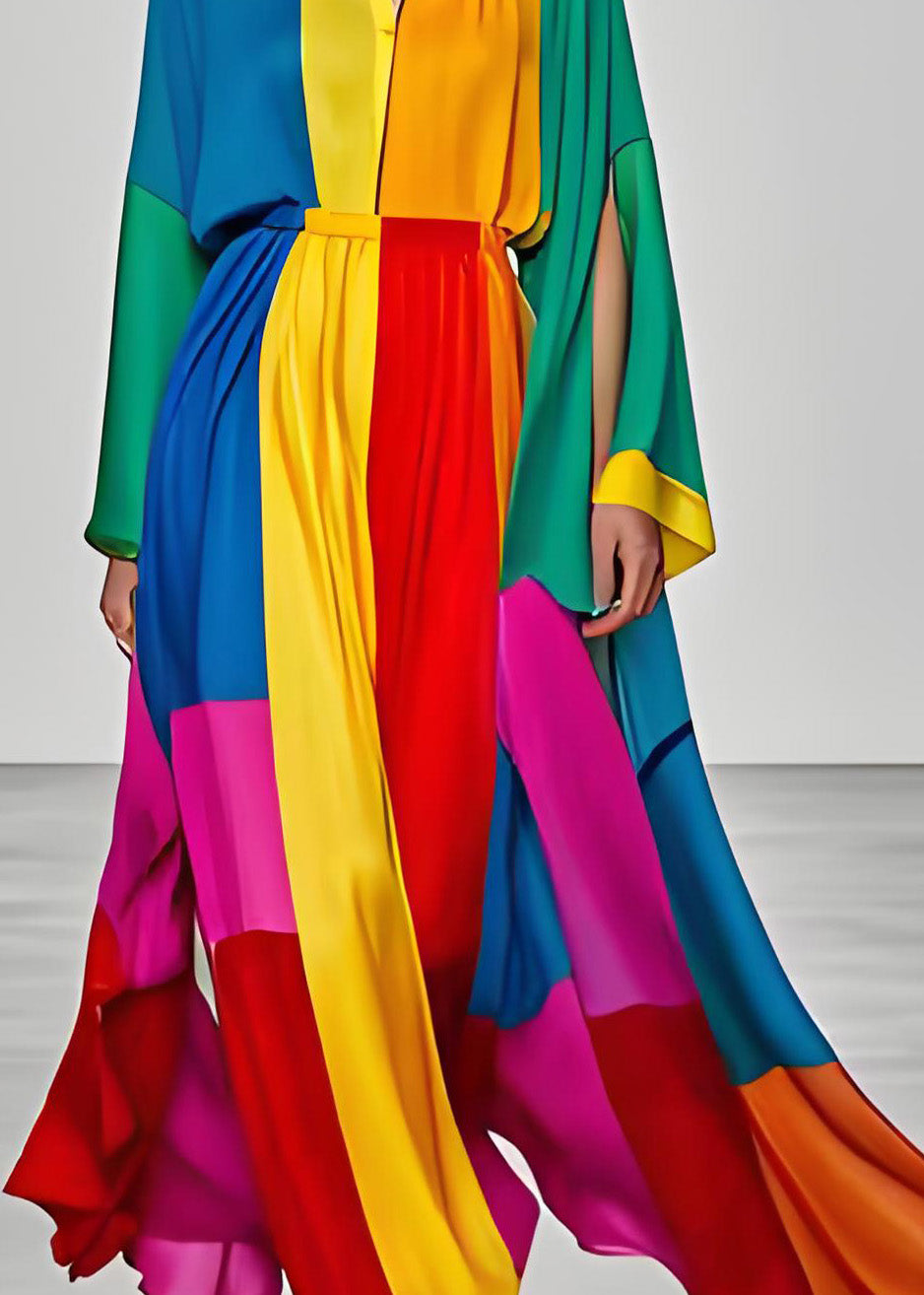 Colorblock V Neck Silk Dress Long Sleeve