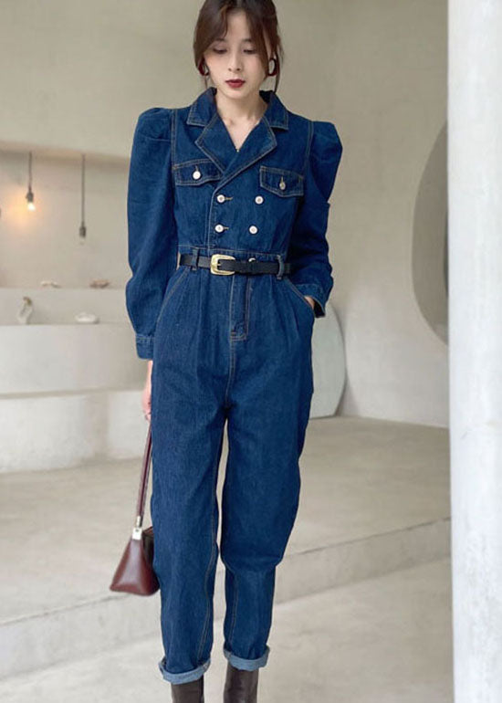 Dark Blue Puff Sleeve Denim Jumpsuit Spring