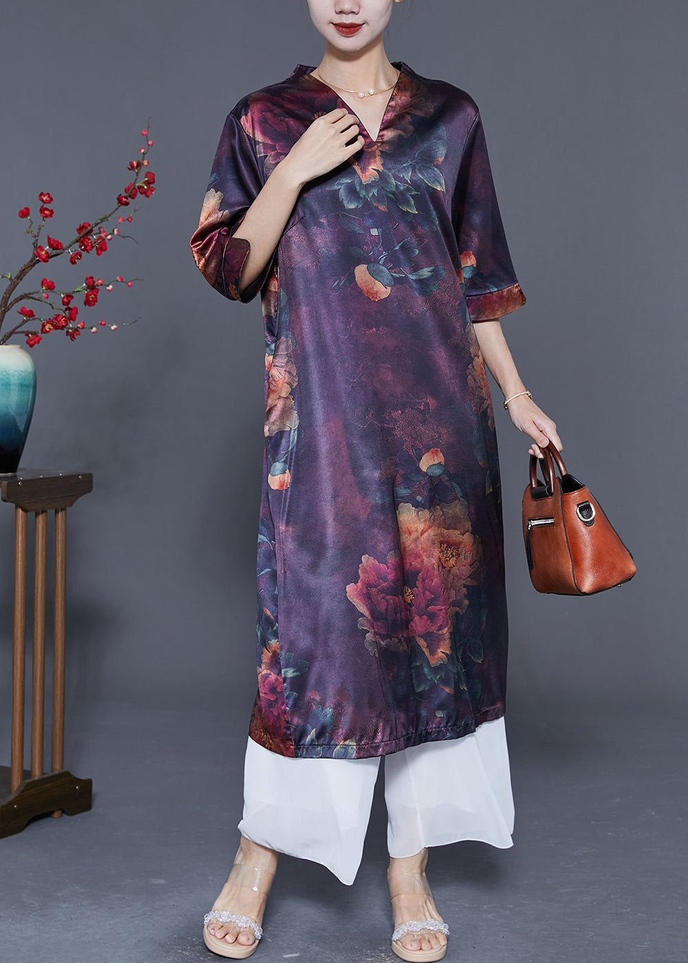 Dark Purple V Neck Print Silk Long Dress Summer