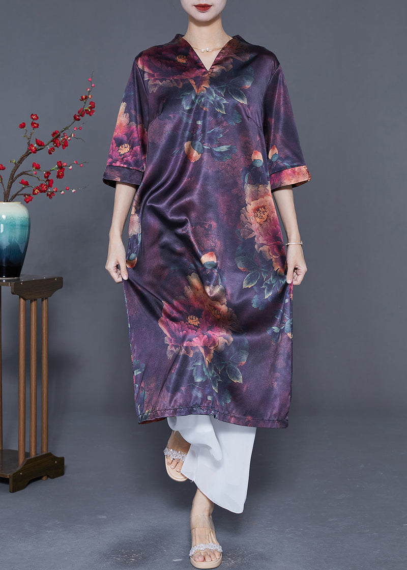 Dark Purple V Neck Print Silk Long Dress Summer