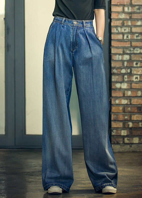 Denim Blue High Waist Pockets Button Cotton Loose Wide Leg Pants Spring