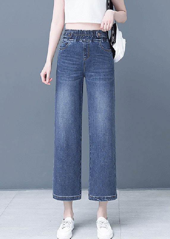 Denim Blue Patchwork Elastic Waist Crop Wide Leg Pants
