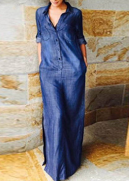 Denim Blue Peter Pan Collar Patchwork Pockets Maxi Shirts Dresses Long Sleeve
