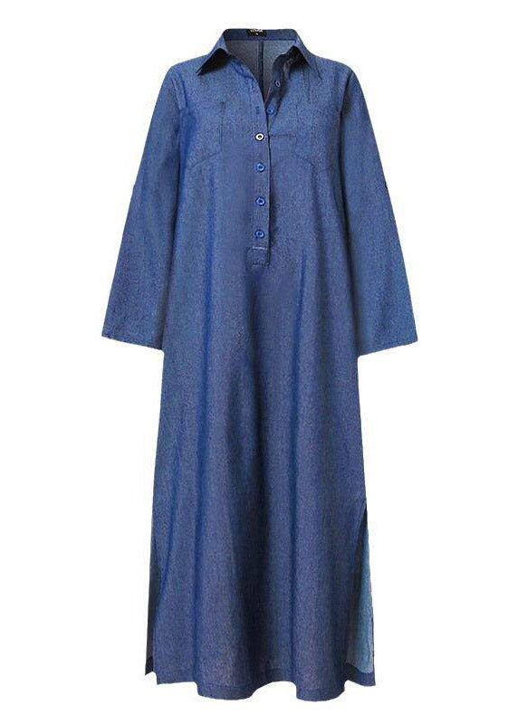 Denim Blue Peter Pan Collar Patchwork Pockets Maxi Shirts Dresses Long Sleeve