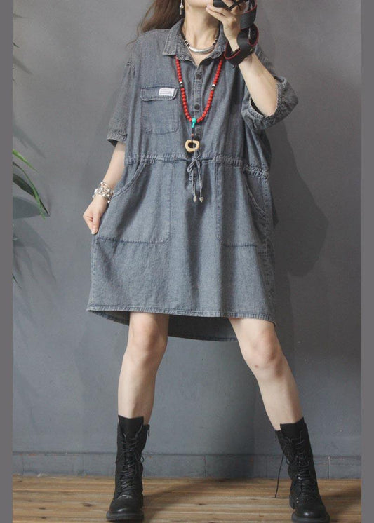 Denim Tie Waist Turn-down Collar Maxi Summer Cotton Dress