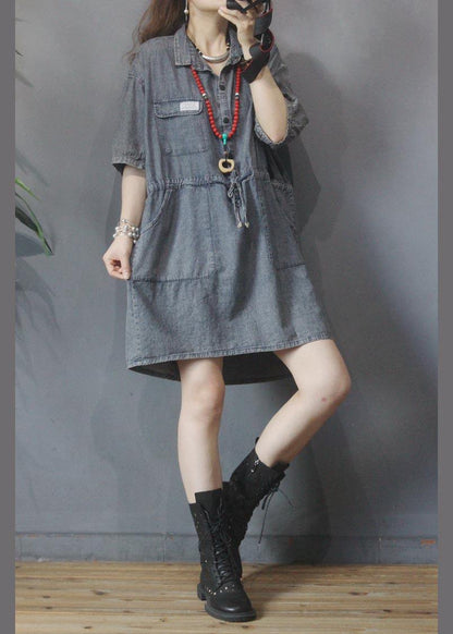 Denim Tie Waist Turn-down Collar Maxi Summer Cotton Dress