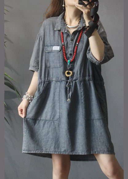 Denim Tie Waist Turn-down Collar Maxi Summer Cotton Dress