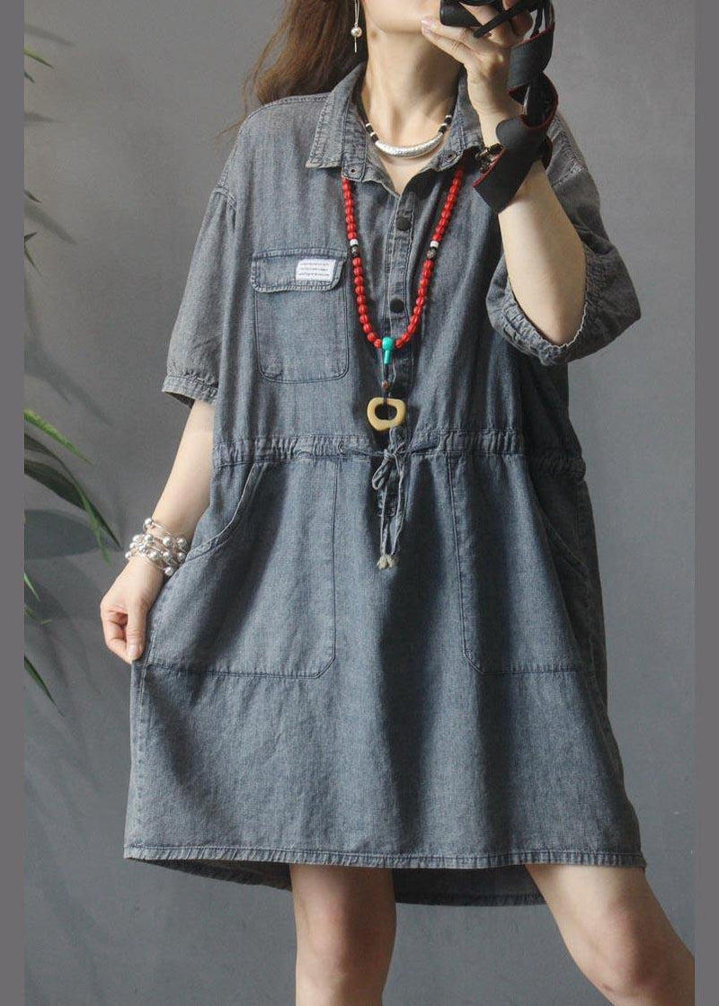 Denim Tie Waist Turn-down Collar Maxi Summer Cotton Dress
