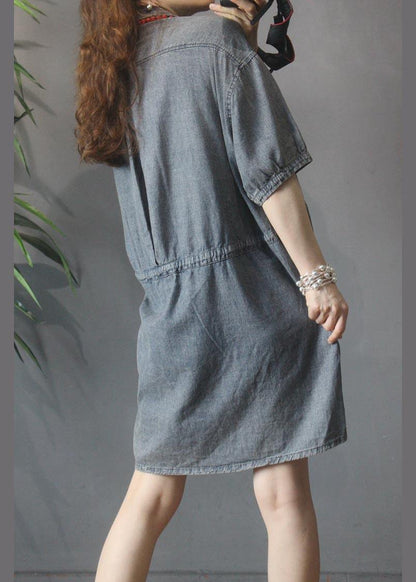 Denim Tie Waist Turn-down Collar Maxi Summer Cotton Dress