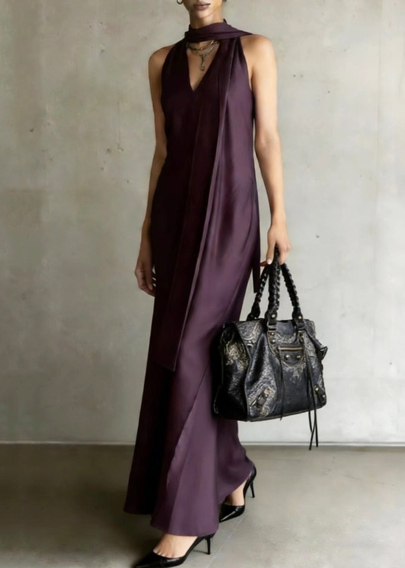 Dull Purple Cold Shoulder With Scarf Chiffon Robe Dresses Summer
