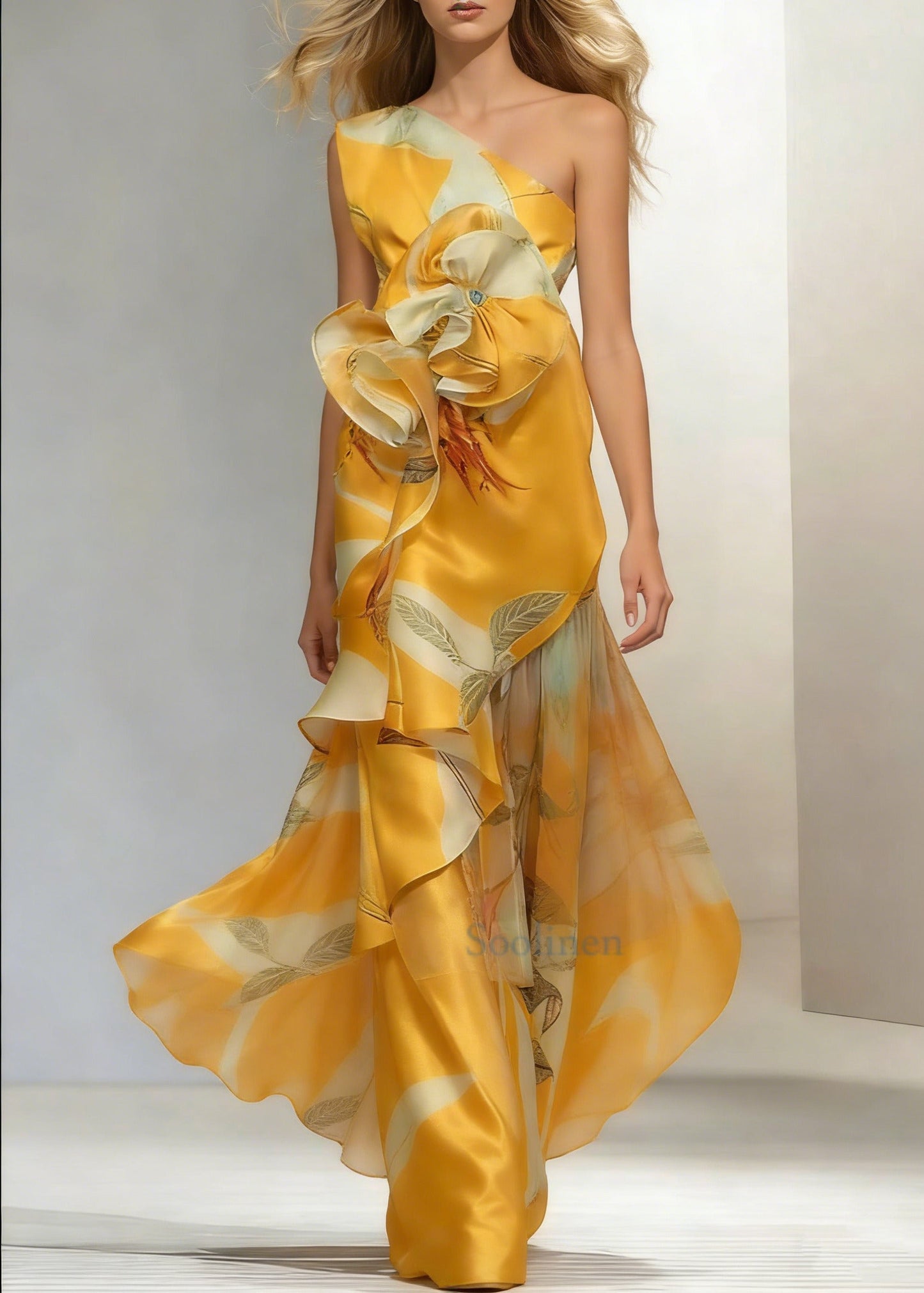 Flounce Oblique Collar Evening Dresses