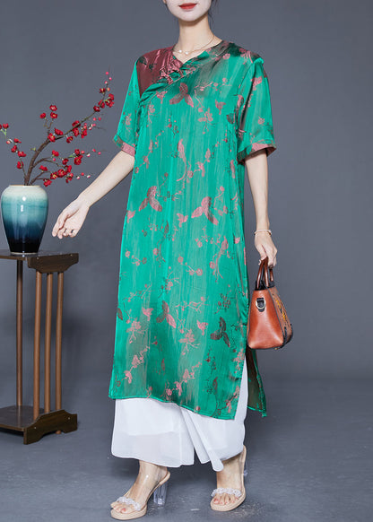 Fluorescent Green Chinese Button Jacquard Silk Dresses Summer