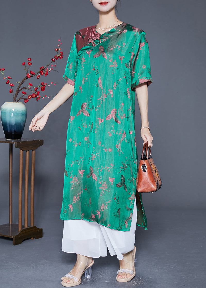 Fluorescent Green Chinese Button Jacquard Silk Dresses Summer