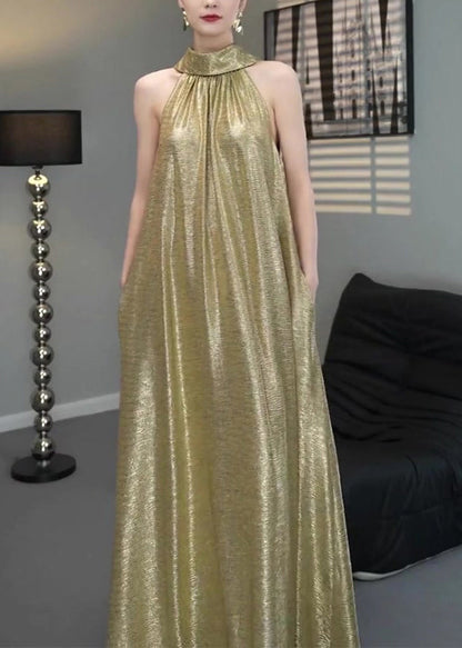 Gold Halter Wrinkled Long Dress Sleeveless