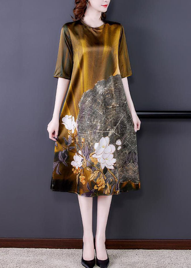 Gold O Neck Print Patchwork Silk Dress Summer