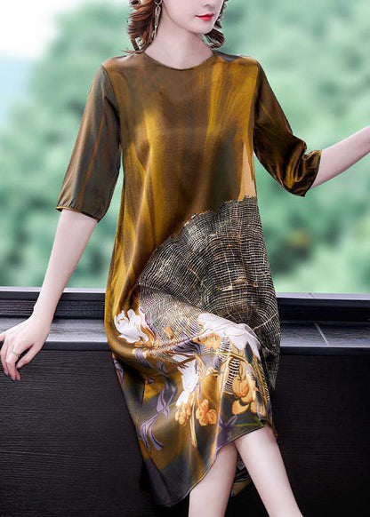 Gold O Neck Print Patchwork Silk Dress Summer