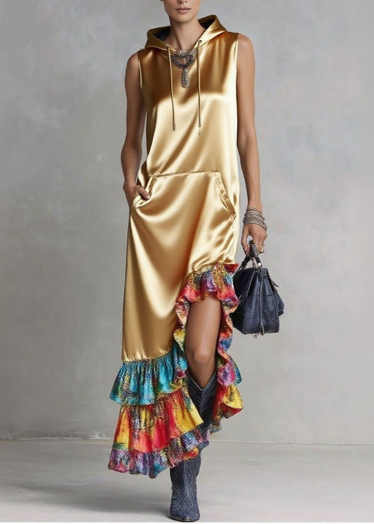 Golden Asymmetrical Patchwork Ruffles Silk Hooded Dresses Sleeveless