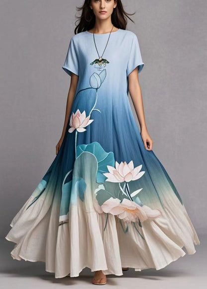 Gradient Blue Lotus Print Exra Large Hem Cotton Dress Summer