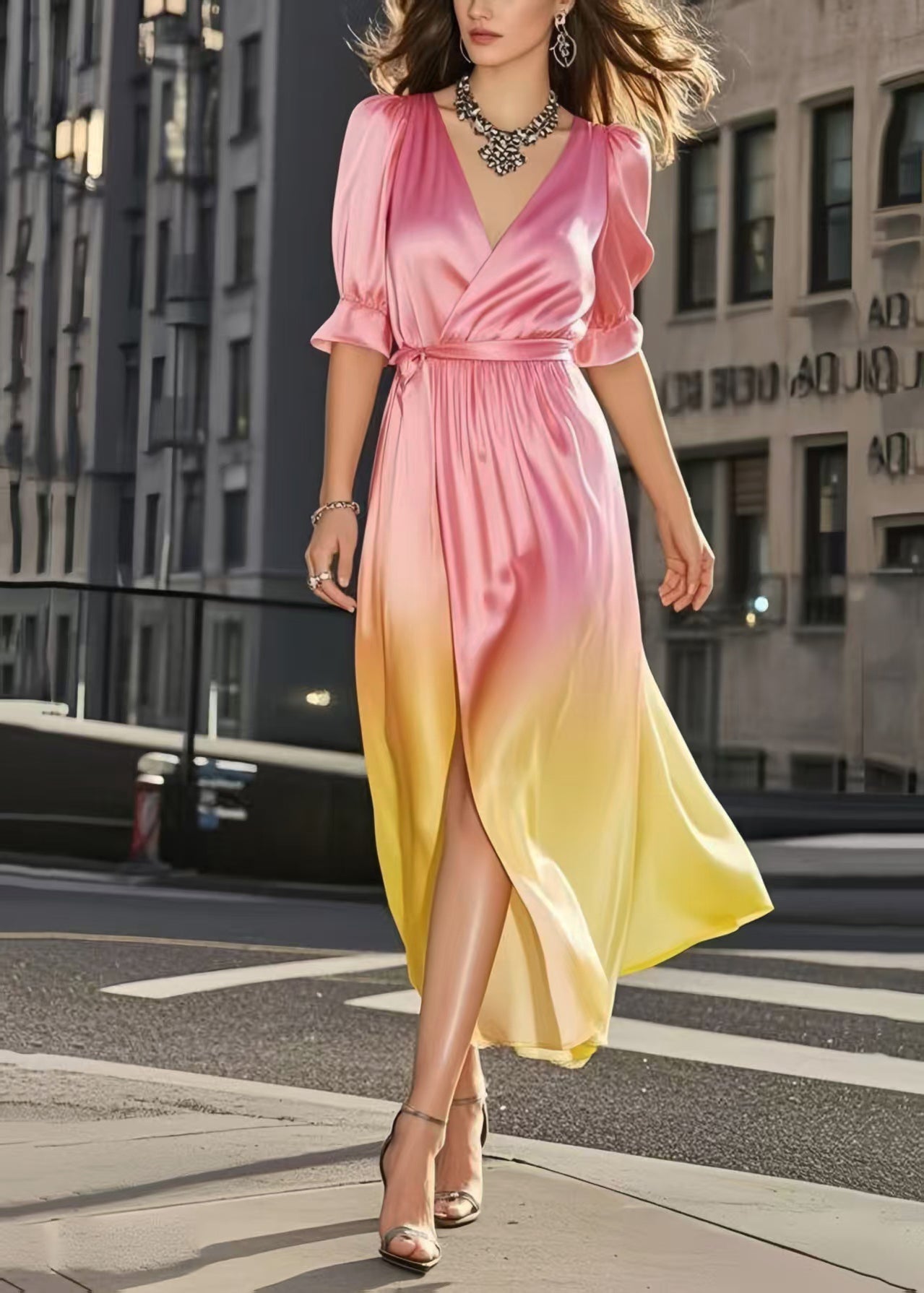 Gradient Color Cinched Draping Silk Day Dress Summer