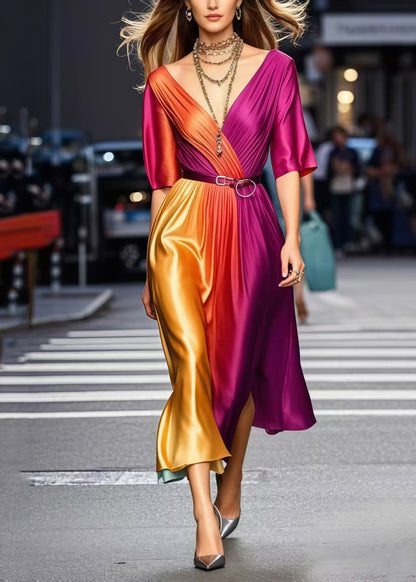 Gradient Color Cinched Tie Dye Silk Dress Summer1