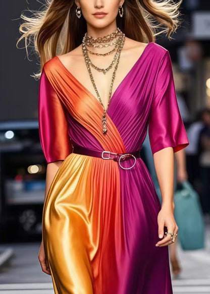 Gradient Color Cinched Tie Dye Silk Dress Summer1