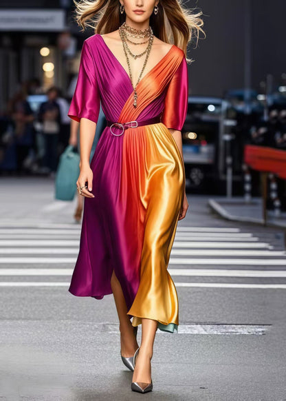 Gradient Color Cinched Tie Dye Silk Dress Summer1