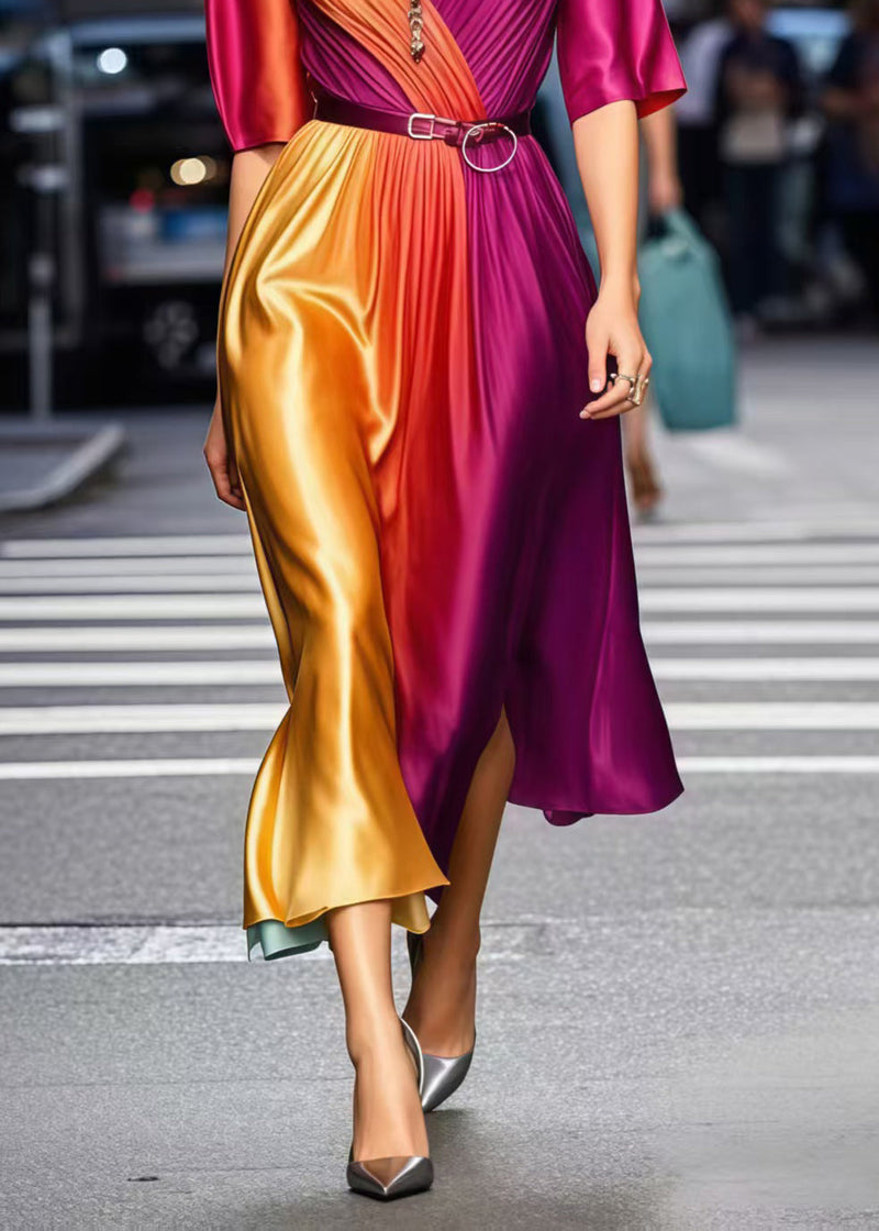 Gradient Color Cinched Tie Dye Silk Dress Summer