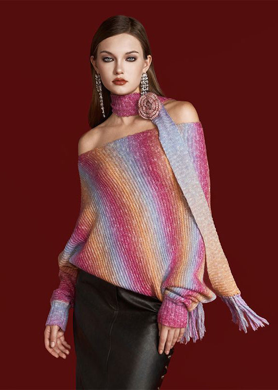Gradient Color Cold Shoulder Knit Sweater Spring