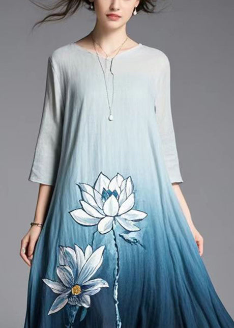 Gradient Color Lotus Print Cotton Dress Summer