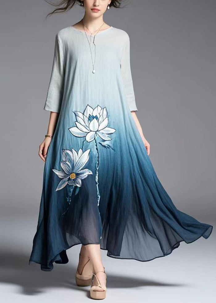 Gradient Color Lotus Print Cotton Dress Summer