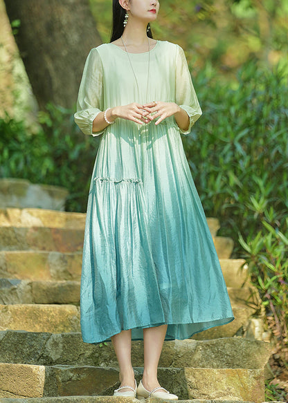 Gradient Color O-neck Ruffled Cotton Long Dresses Bracelet Sleeve