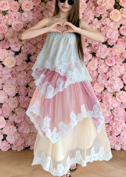 Gradient Pink Patchwork Lace Holiday Cami Dress Summer