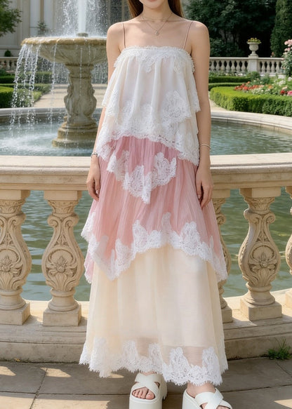 Gradient Pink Patchwork Lace Holiday Cami Dress Summer