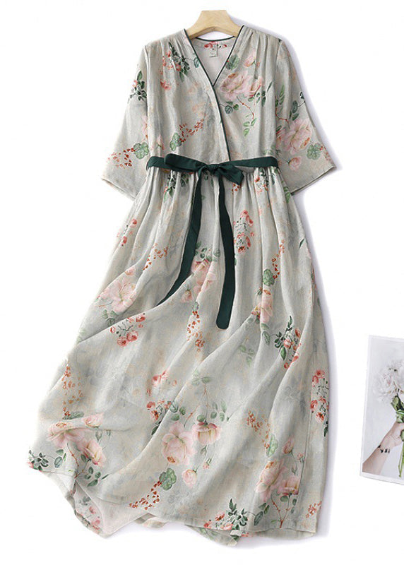 Green Button Print Lace Up Cotton Dresses Summer